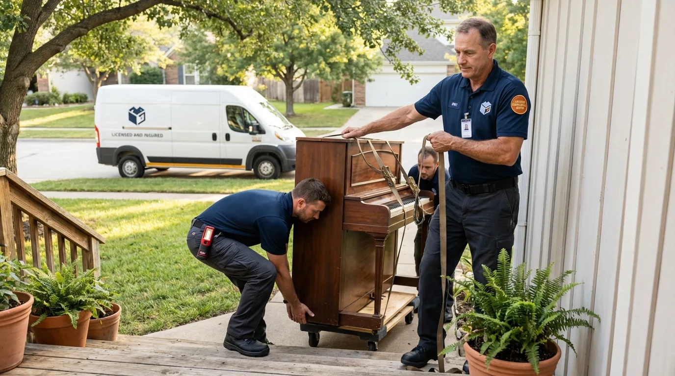Licensed piano movers securing grand piano in Sedgwick, ME