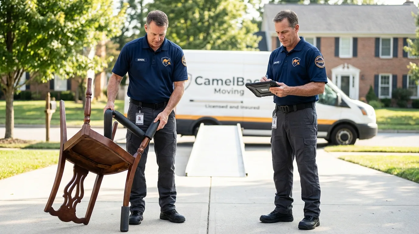 Movers inspecting furniture for damage prevention before loading in Sedgwick, ME