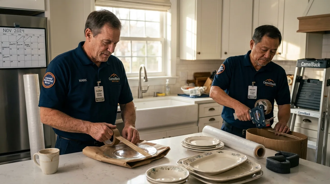 Professional crew packing kitchen dishware in Sedgwick, ME